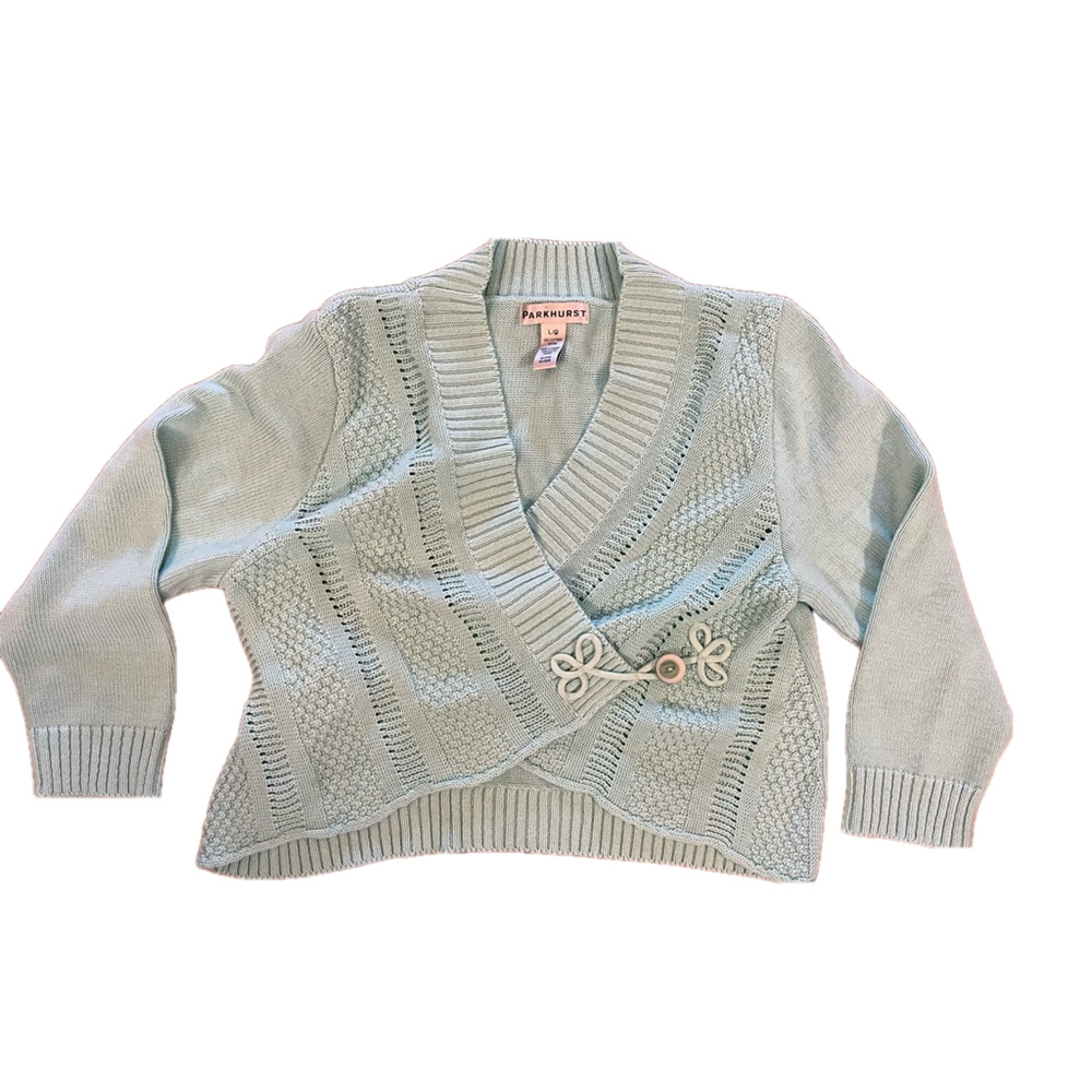 Parkhurst 100% Cotton Shawl Collar Crop Wrap Cardigan in Mint Blue - Size L/G -